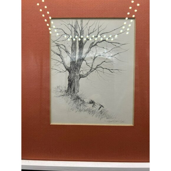 Artist Signed Original Graphite Landscape Vern Hippensteal Tree with Baskets Mat - Picture 4 of 13